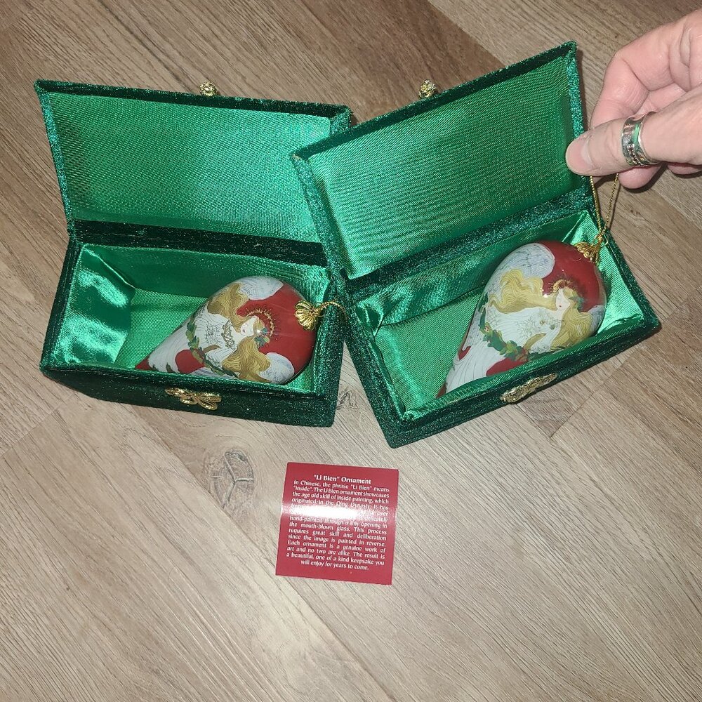 2 Li Bien Christmas Ornament Angels 5" Reverse Hand Painted In Gift Box